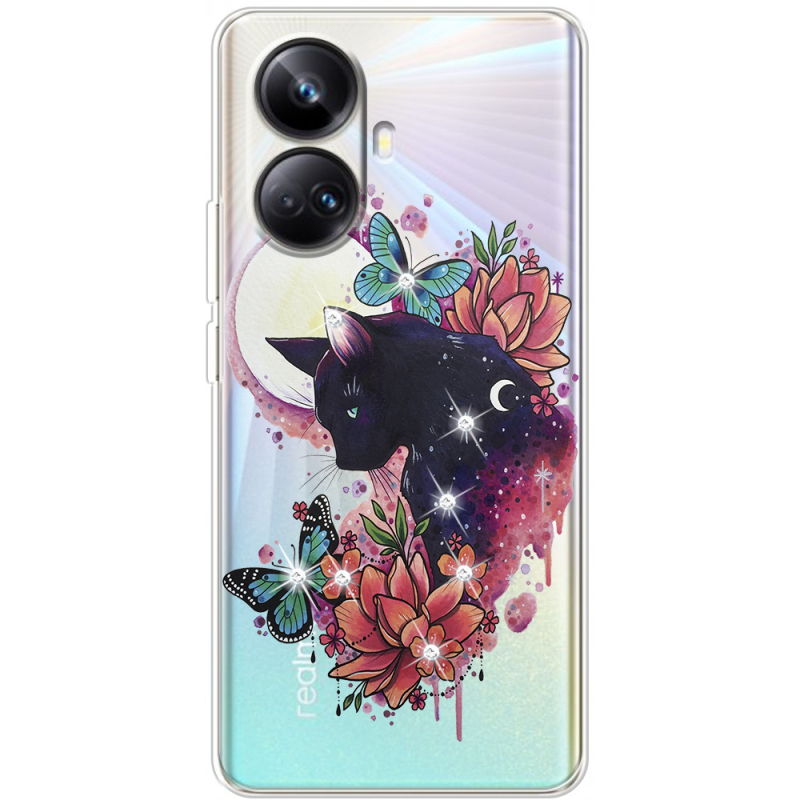 Чехол со стразами Realme 10 Pro Plus Cat in Flowers