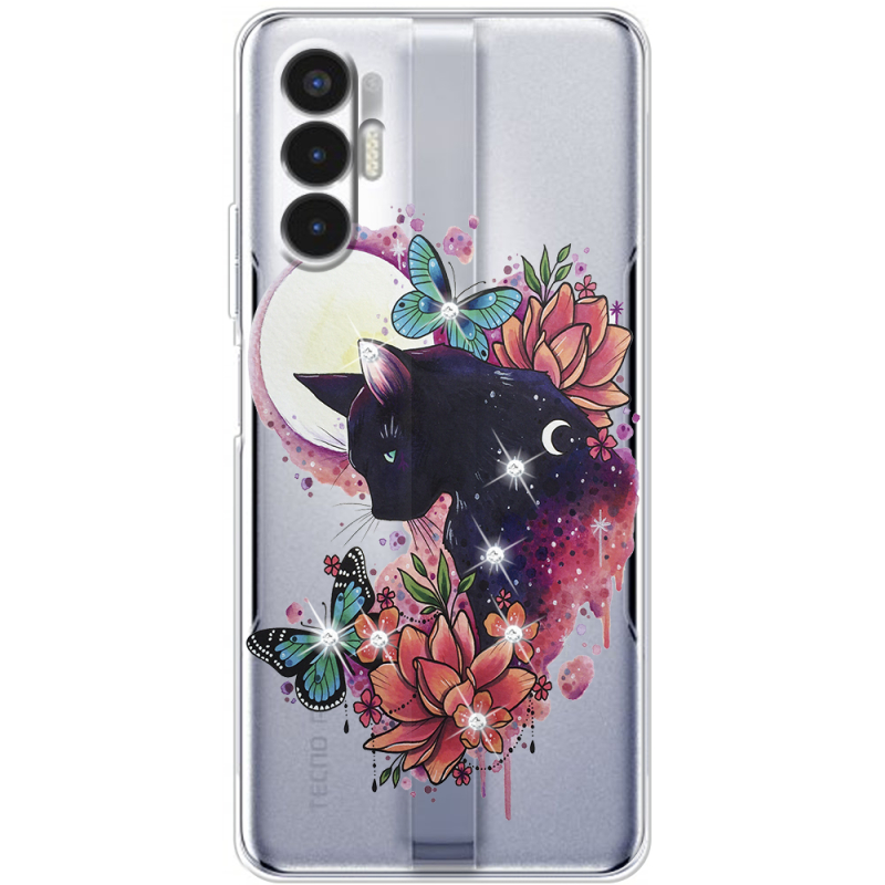 Чехол со стразами BoxFace Tecno POVA 3 Cat in Flowers