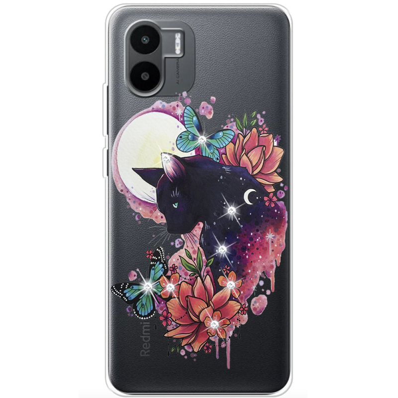 Чехол со стразами Xiaomi Redmi A2 Cat in Flowers