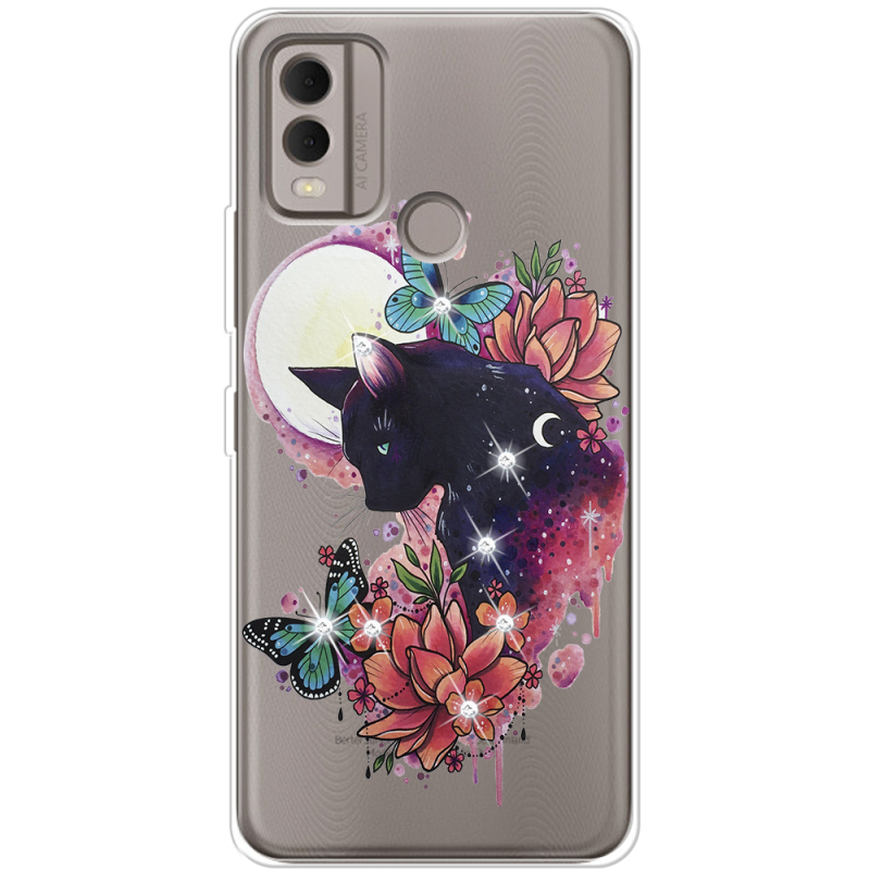 Чехол со стразами Nokia C22 Cat in Flowers