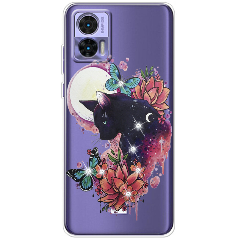 Чехол со стразами Motorola Edge 30 Neo Cat in Flowers