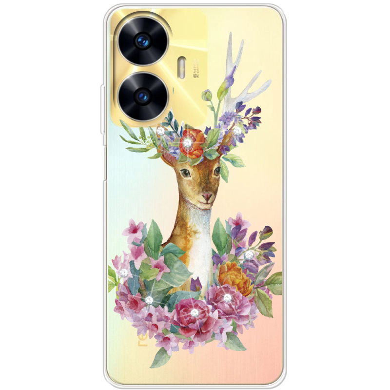 Чехол со стразами Realme C55 Deer with flowers