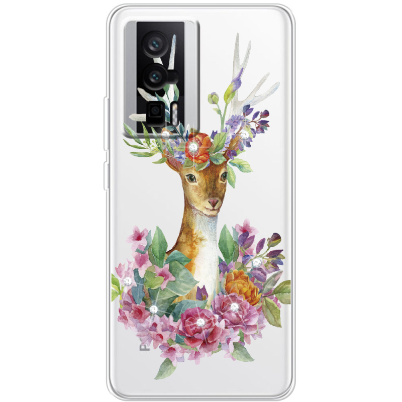 Чехол со стразами Poco F5 Pro Deer with flowers