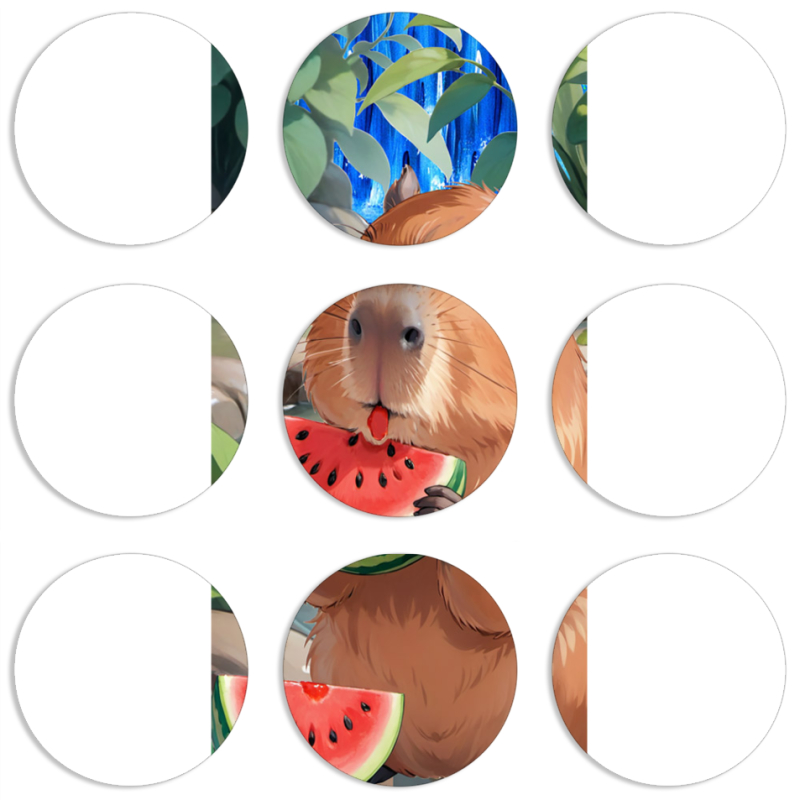 Магнитные фотопазлы круги d55 набор 9 штук Капібара з кавуном