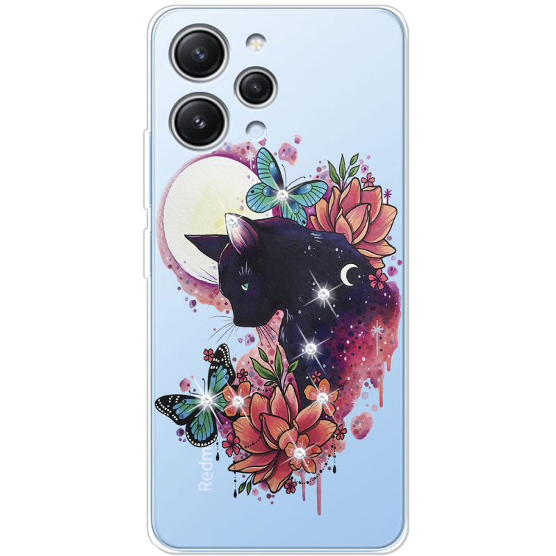 Чехол со стразами Xiaomi Redmi 12 Cat in Flowers