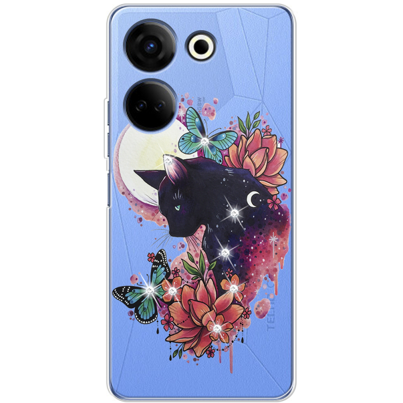 Чехол со стразами BoxFace Tecno Camon 20 Pro 4G Cat in Flowers