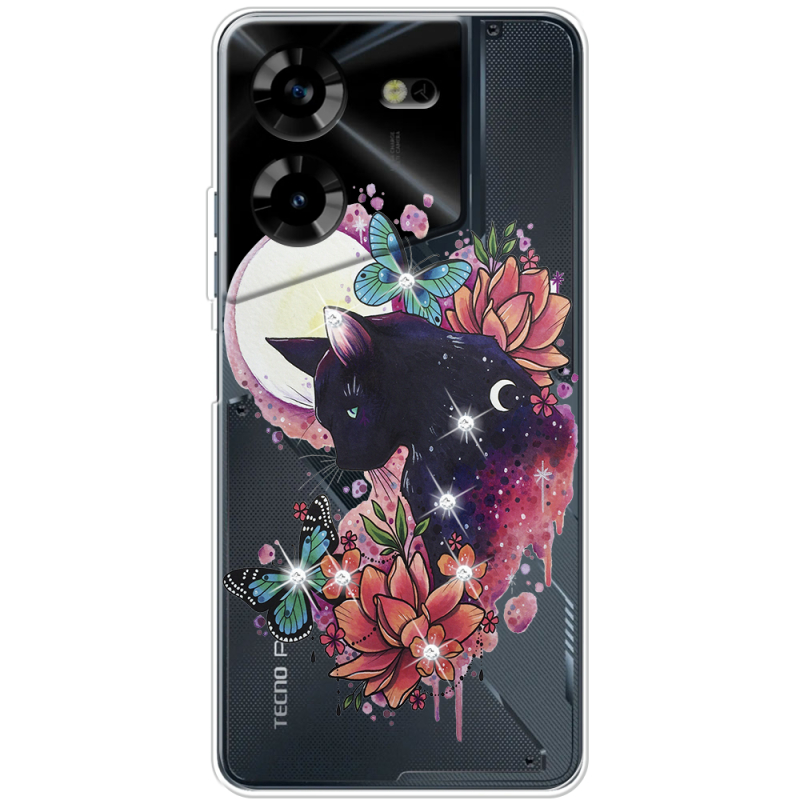 Чехол со стразами BoxFace Tecno POVA 5 Cat in Flowers