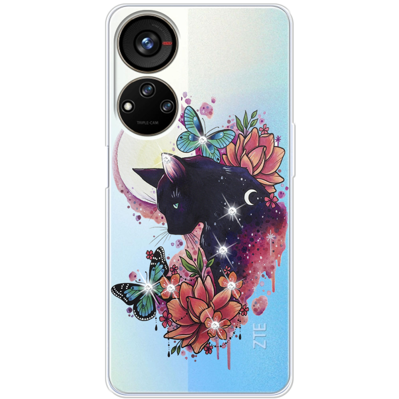 Чехол со стразами ZTE Blade V40s Cat in Flowers