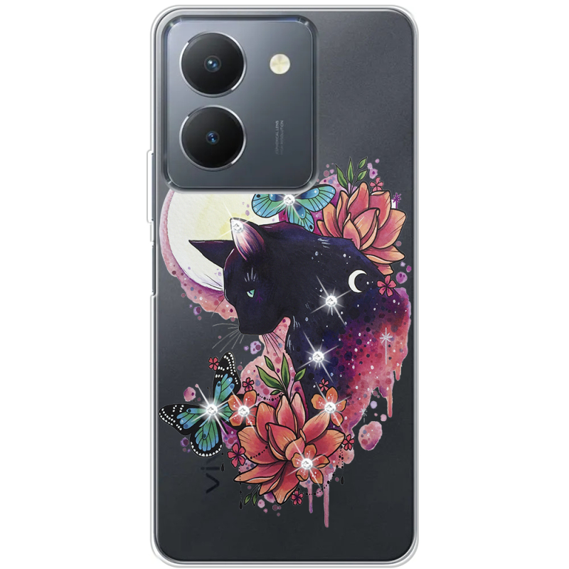 Чехол со стразами Vivo Y36 Cat in Flowers