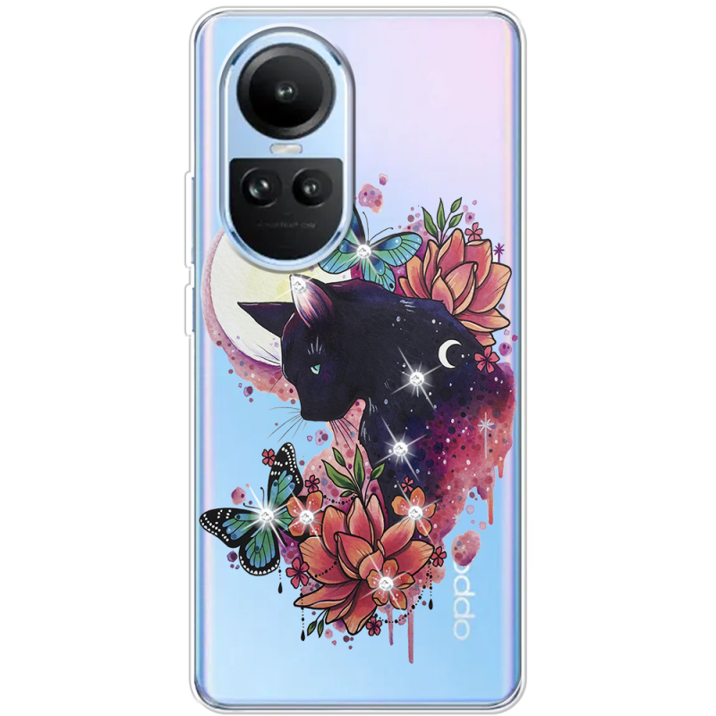 Чехол со стразами OPPO Reno 10 Cat in Flowers