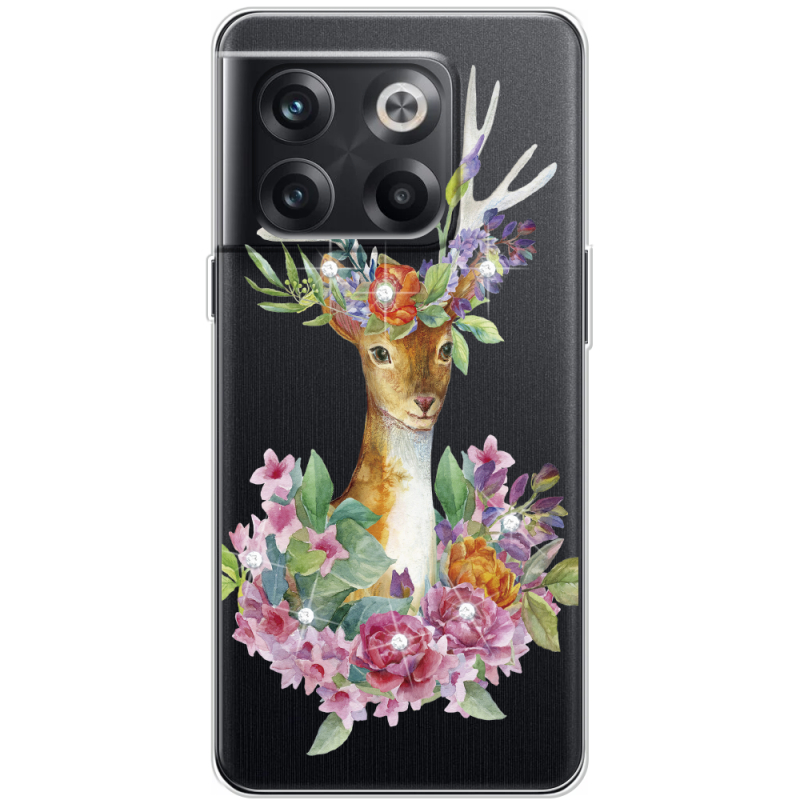 Чехол со стразами OnePlus 10T Deer with flowers