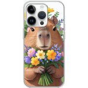 Прозрачный чехол BoxFace Apple iPhone 15 Pro Капибара з квітами