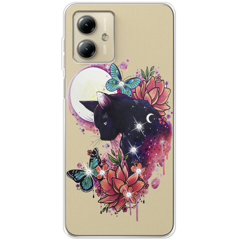 Чехол со стразами Motorola G14 Cat in Flowers