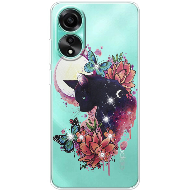 Чехол со стразами OPPO A78 4G Cat in Flowers