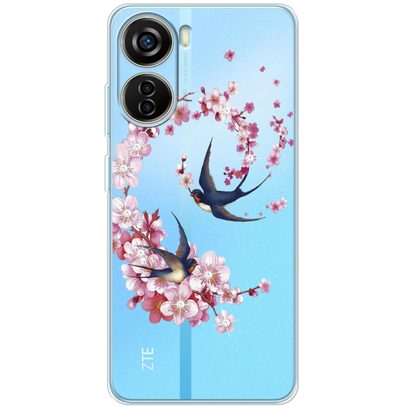 Чехол со стразами ZTE Blade V40 Design Swallows and Bloom