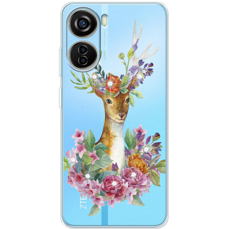 Чехол со стразами ZTE Blade V40 Design Deer with flowers