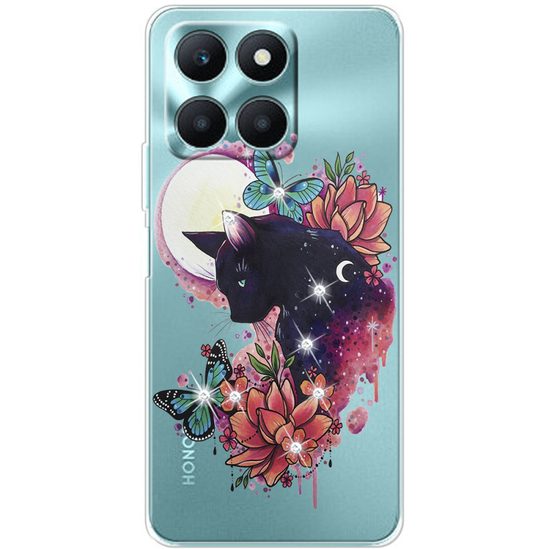 Чехол со стразами BoxFace Honor X6a Cat in Flowers