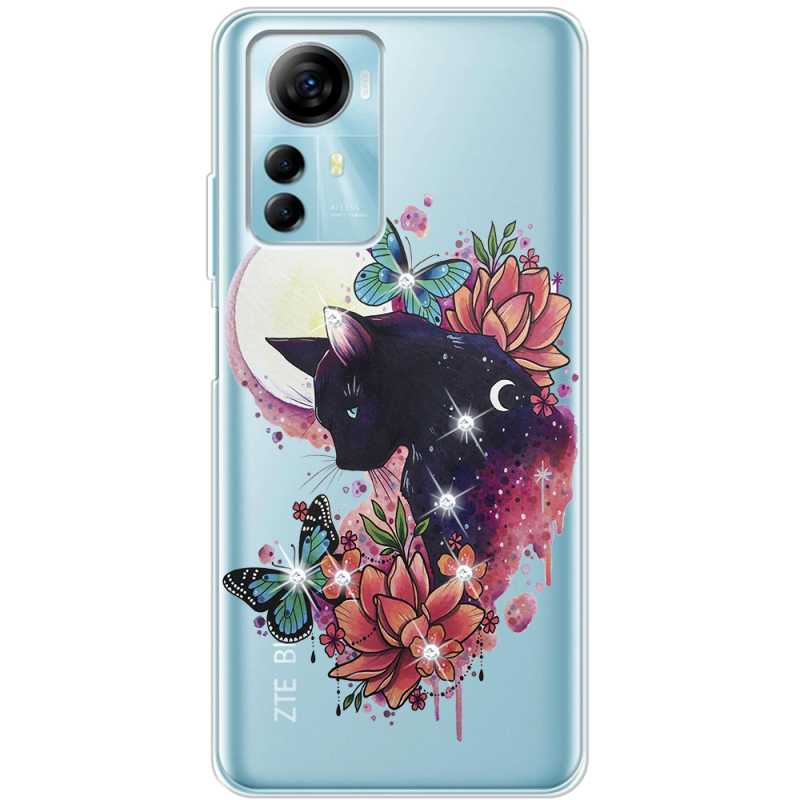 Чехол со стразами ZTE Blade A72s Cat in Flowers