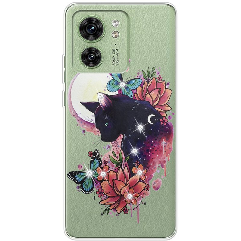 Чехол со стразами Motorola Edge 40 Cat in Flowers