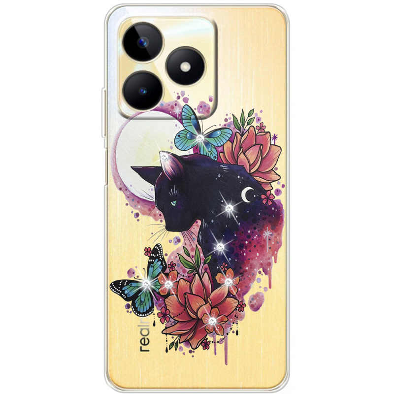 Чехол со стразами Realme C51 Cat in Flowers