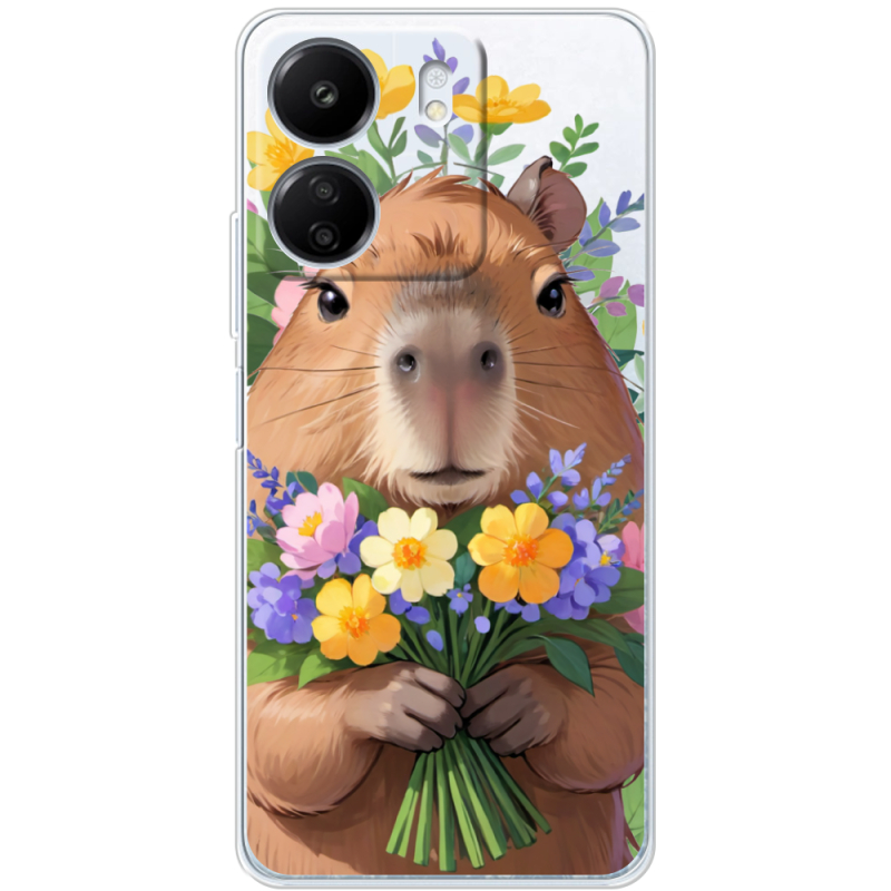 Прозрачный чехол BoxFace Xiaomi Redmi 13C Капибара з квітами
