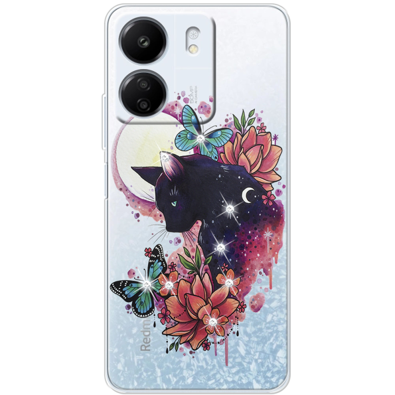 Чехол со стразами Xiaomi Redmi 13C Cat in Flowers