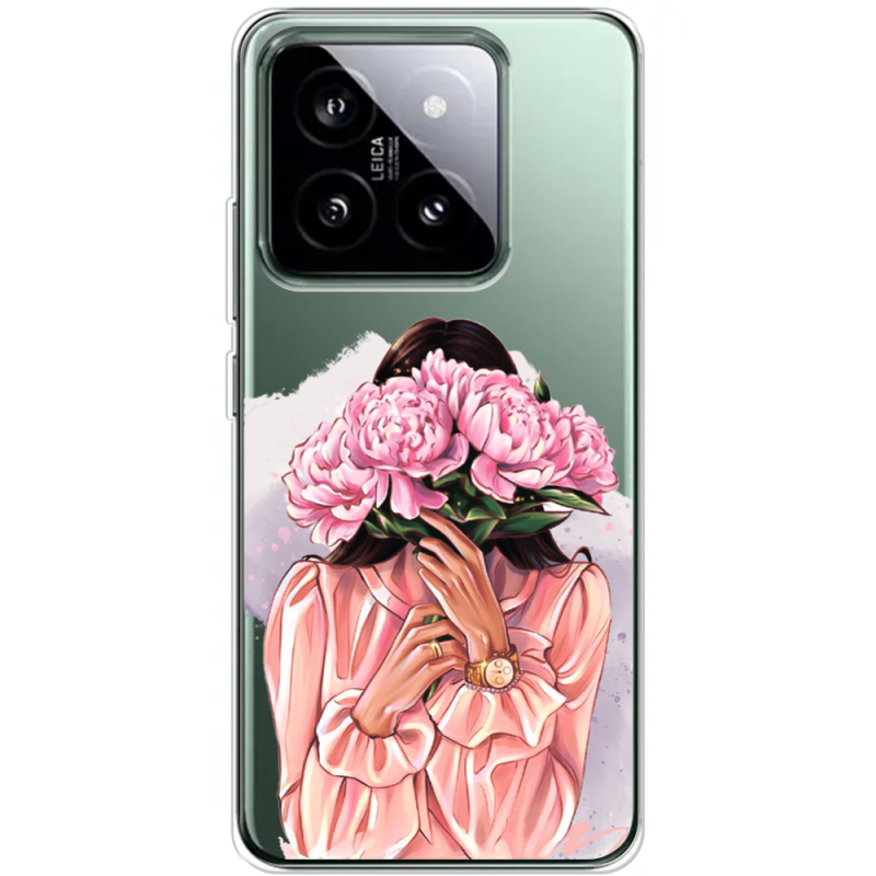 Прозрачный чехол BoxFace Xiaomi 14 Pro Девушка с Пионами