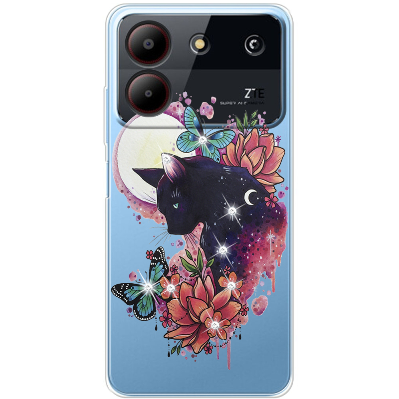 Чехол со стразами ZTE Blade A54 Cat in Flowers