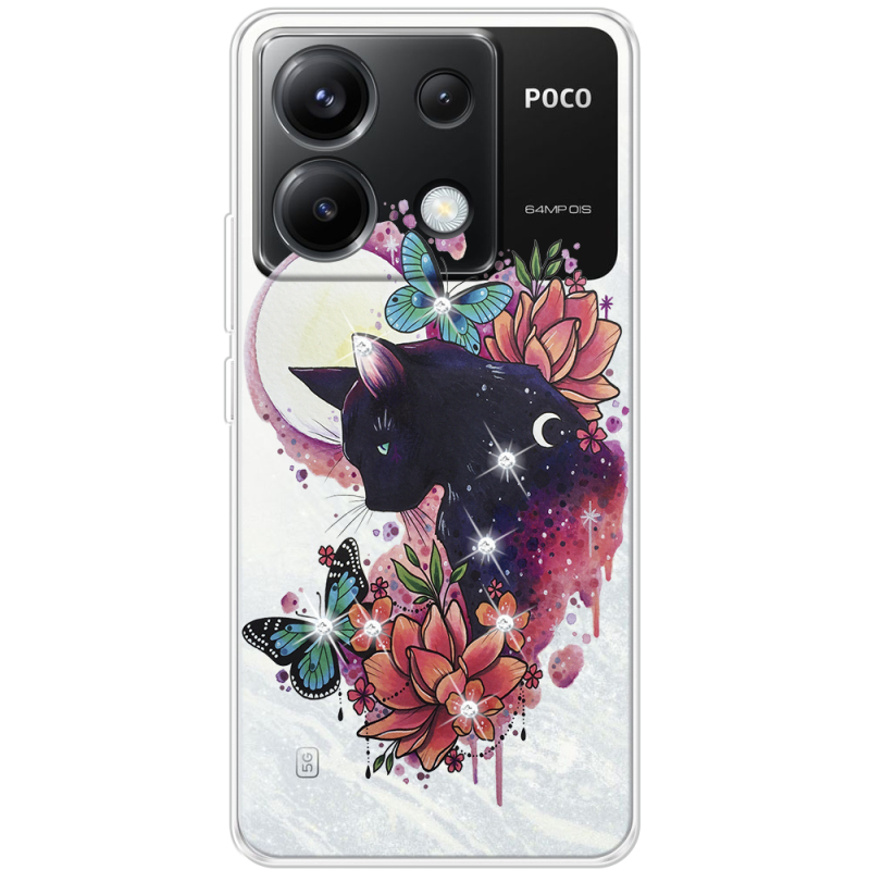 Чехол со стразами Xiaomi Poco X6 5G Cat in Flowers