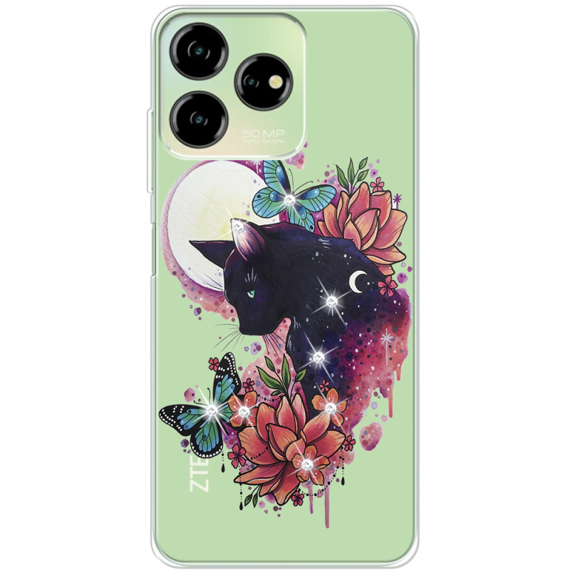 Чехол со стразами ZTE Blade V50 Design 4G Cat in Flowers