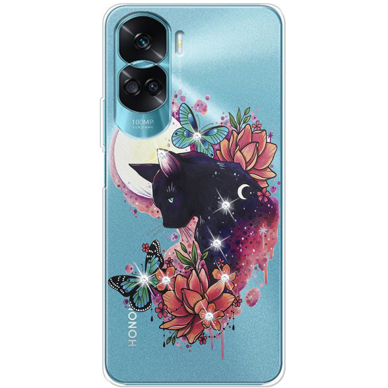 Чехол со стразами Huawei Honor 90 Lite Cat in Flowers