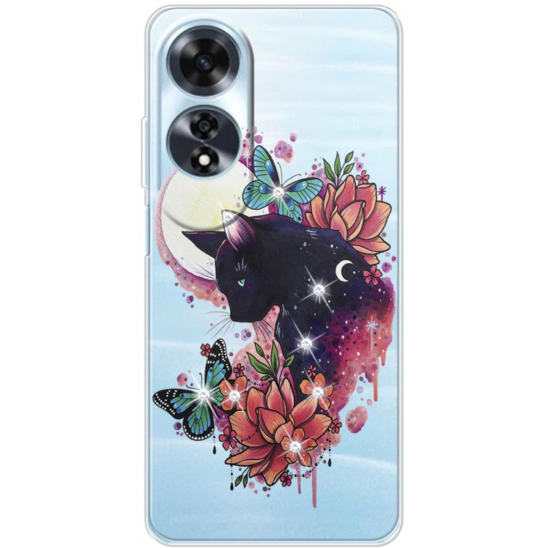 Чехол со стразами OPPO A60 Cat in Flowers