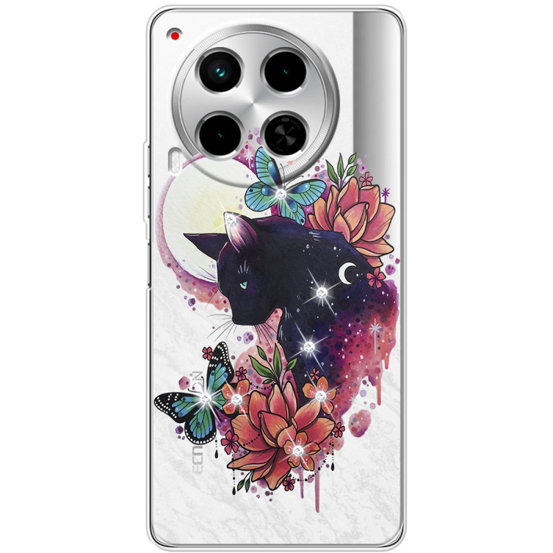 Чехол со стразами BoxFace Tecno Camon 30 Cat in Flowers