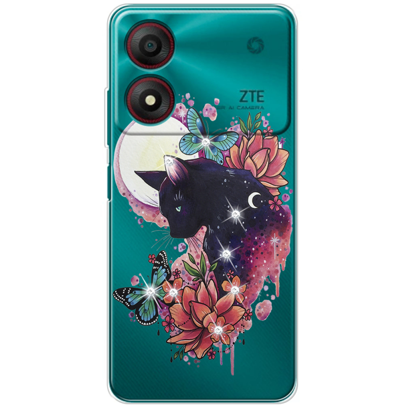 Чехол со стразами ZTE Blade A34 Cat in Flowers