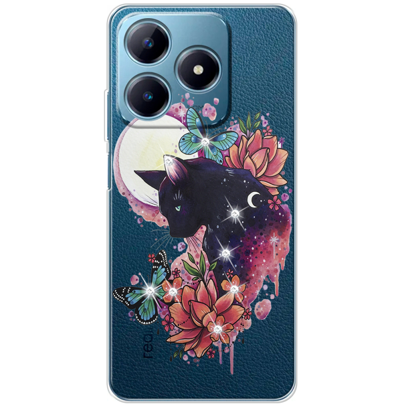 Чехол со стразами Realme C63 4G Cat in Flowers