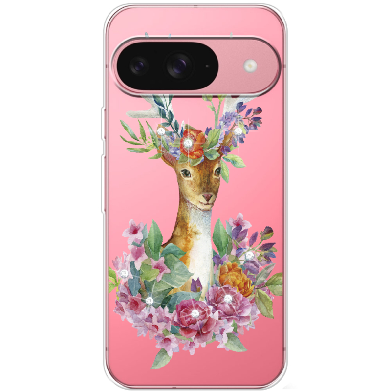 Чехол со стразами Google Pixel 9 Deer with flowers