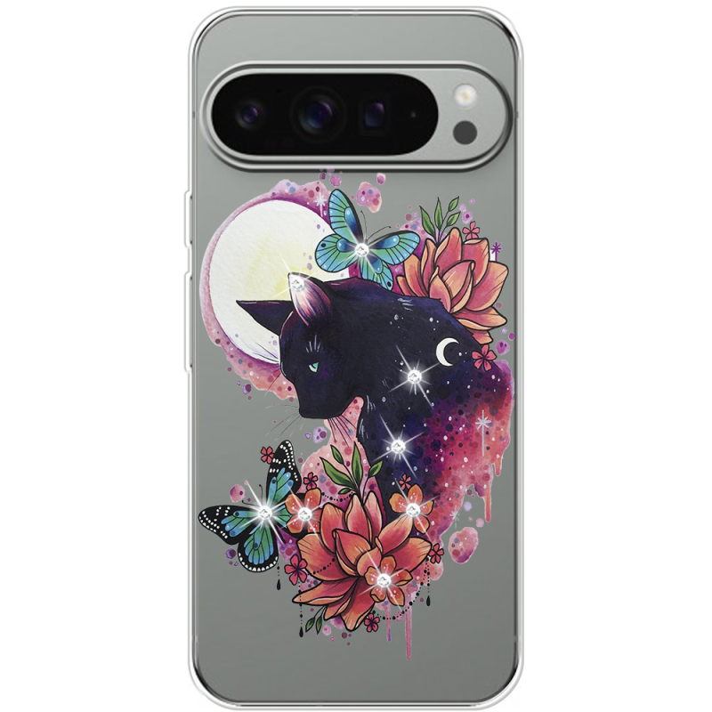 Чехол со стразами Google Pixel 9 Pro XL Cat in Flowers