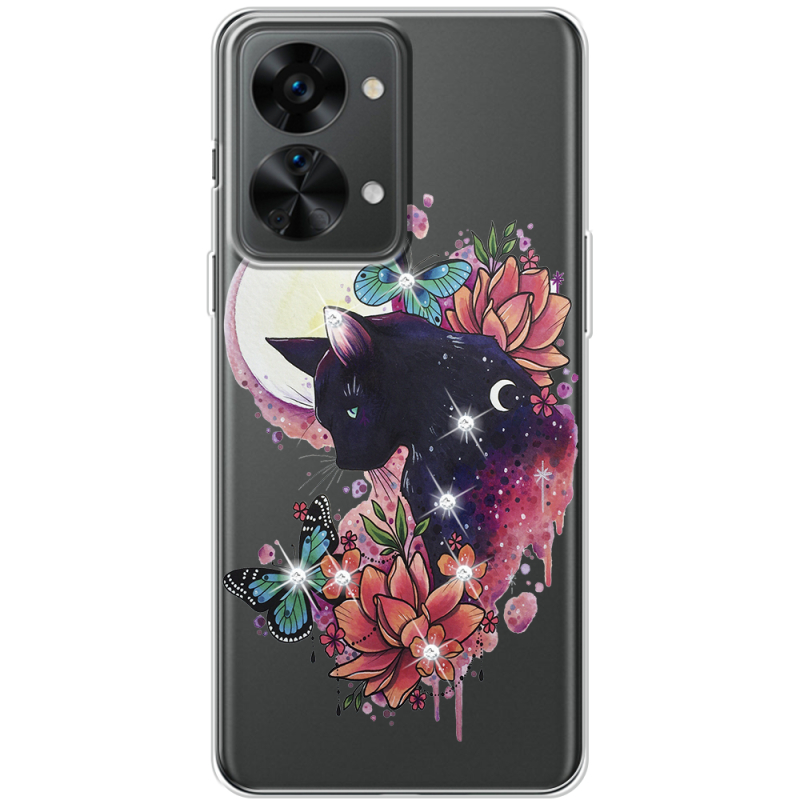 Чехол со стразами OnePlus Nord 2T 5G Cat in Flowers