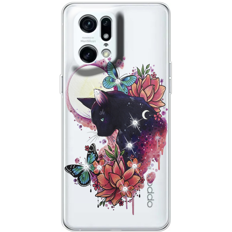 Чехол со стразами OPPO Find X5 Pro Cat in Flowers