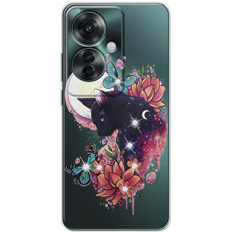 Чехол со стразами OPPO Reno 11 F Cat in Flowers