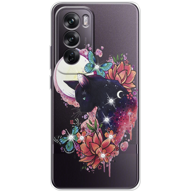 Чехол со стразами OPPO Reno 12 Cat in Flowers