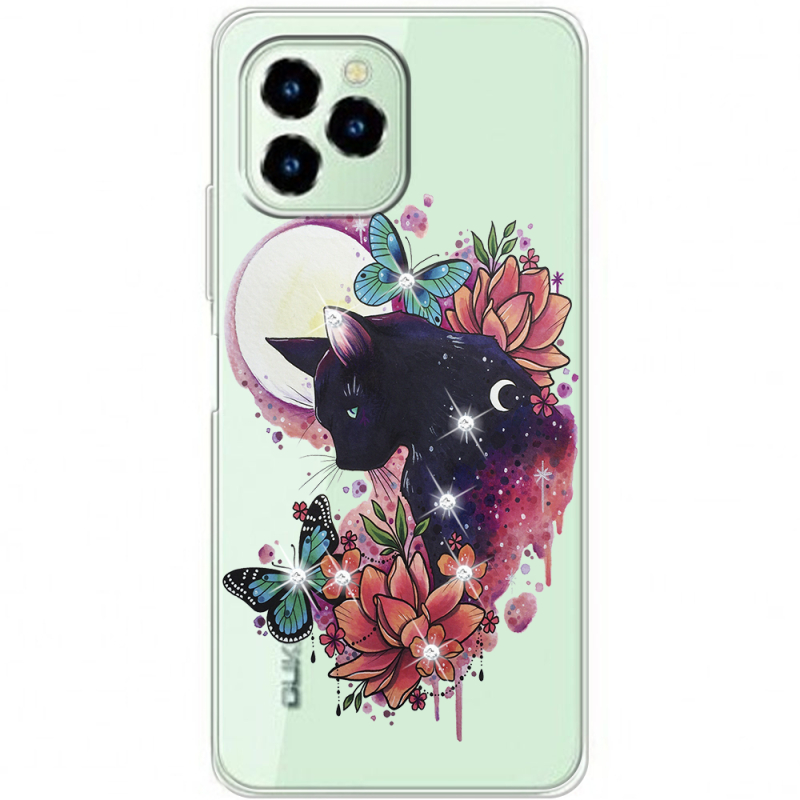 Чехол со стразами Oukitel C21 Pro Cat in Flowers