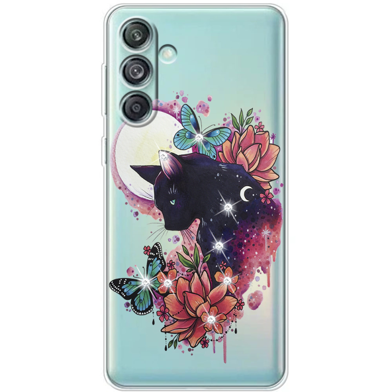 Чехол со стразами Samsung Galaxy M55 5G (M556) Cat in Flowers