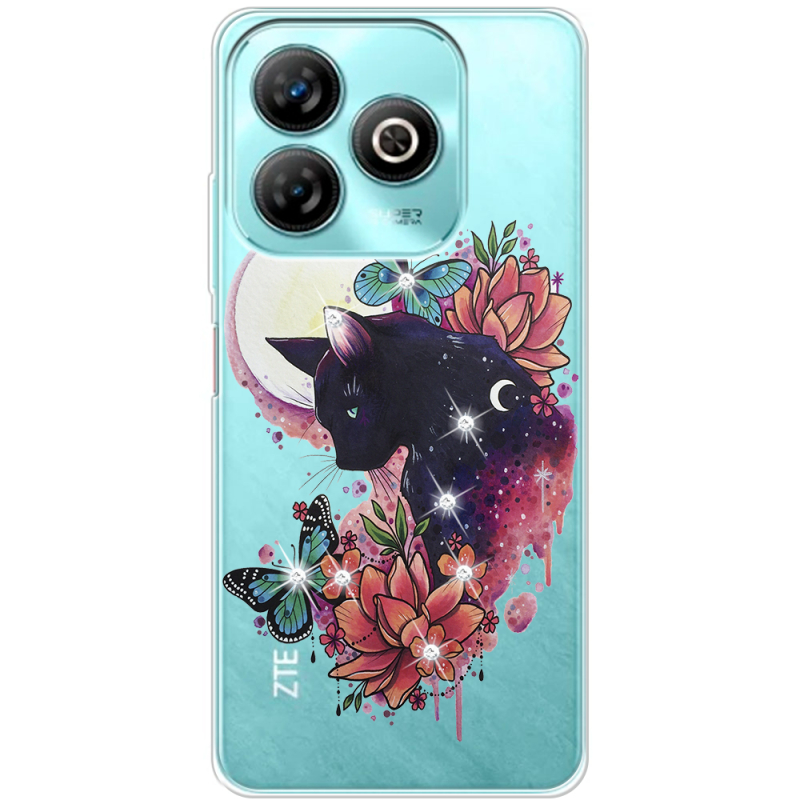 Чехол со стразами ZTE Blade A75 4G Cat in Flowers