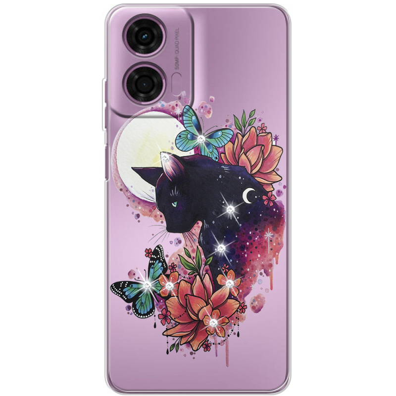 Чехол со стразами Motorola E14 Cat in Flowers