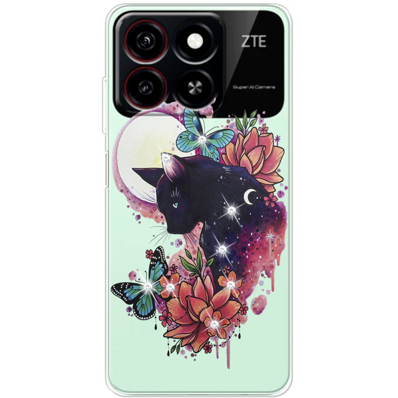 Чохол зі стразами ZTE Blade A55 Cat in Flowers