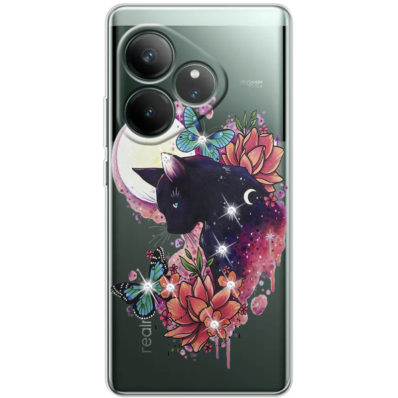 Чохол зі стразами Realme GT 6T Cat in Flowers