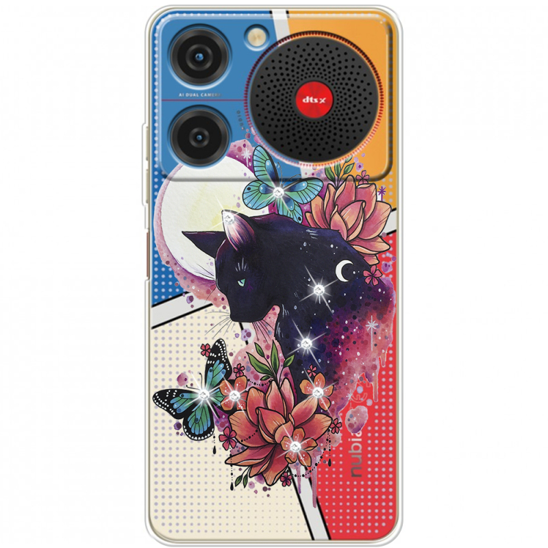 Чохол зі стразами ZTE Nubia Music Cat in Flowers