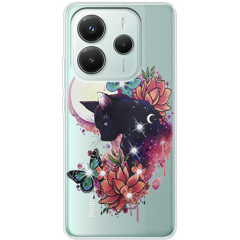 Чохол зі стразами Xiaomi Redmi Note 14 5G Cat in Flowers