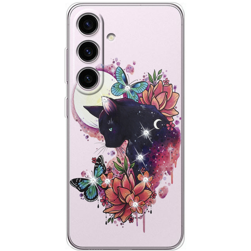 Чохол зі стразами Samsung Galaxy S25 Cat in Flowers